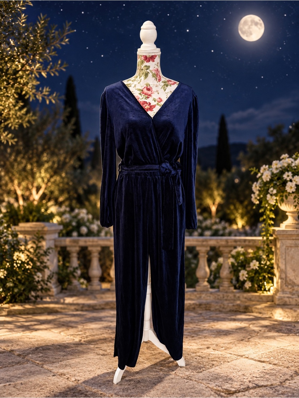 NWT CUPSHE Blue Velvet Long Sleeve Wrap Jumpsuit with Waist Tie